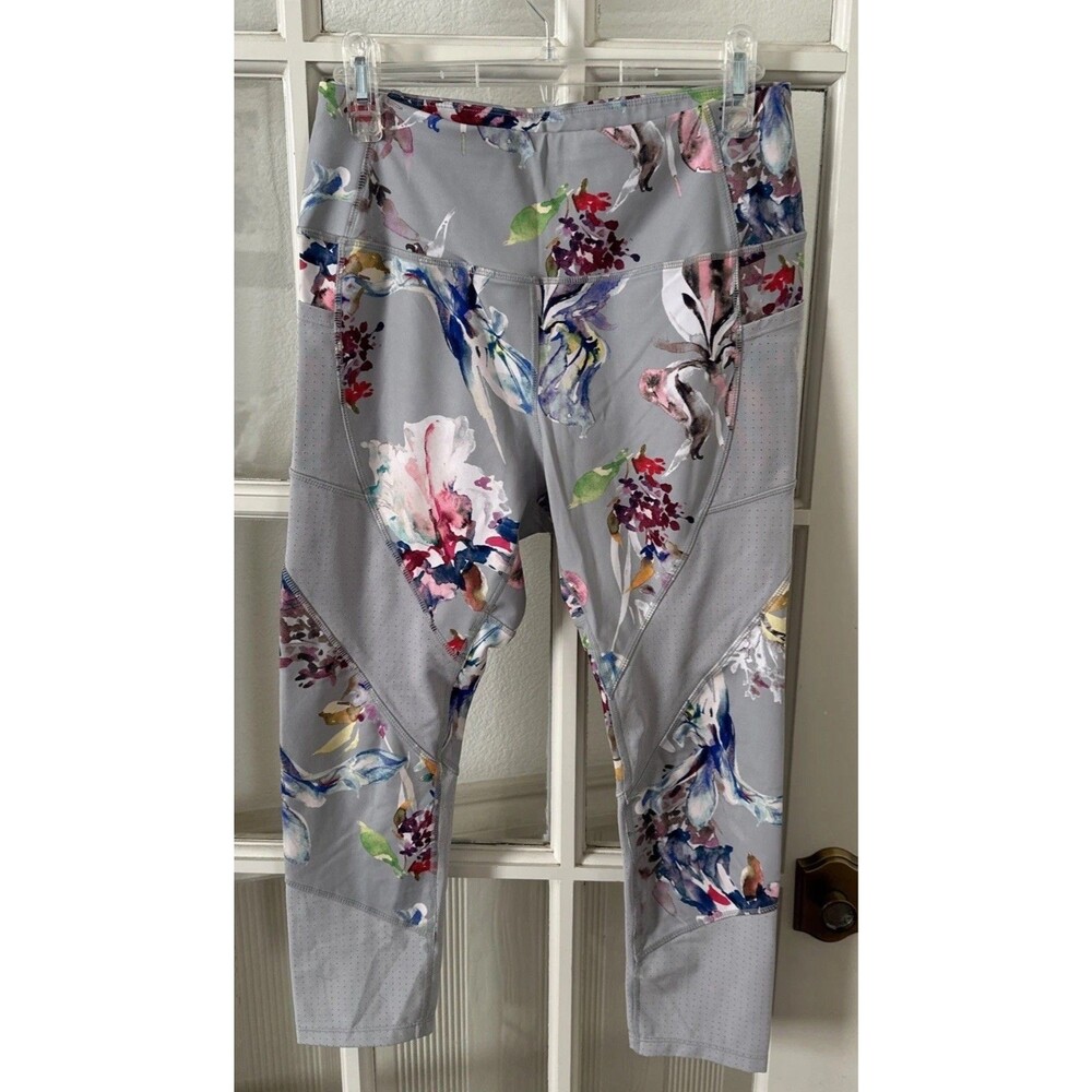 Avia Leggings Women's Medium Pockets Gray Floral Activewear Workout